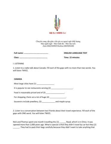 Lớp 9 - Unit 8 TOURISM - LISTENING