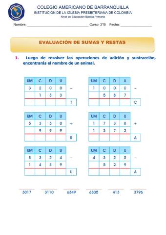 EVALUACIÓN DE SUMAS Y RESTAS