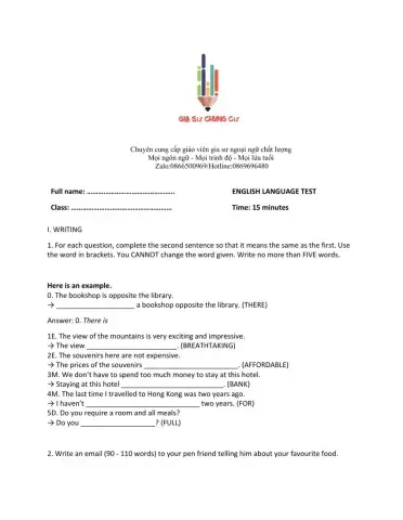 Lớp 9 - Unit 8 TOURISM - WRITING