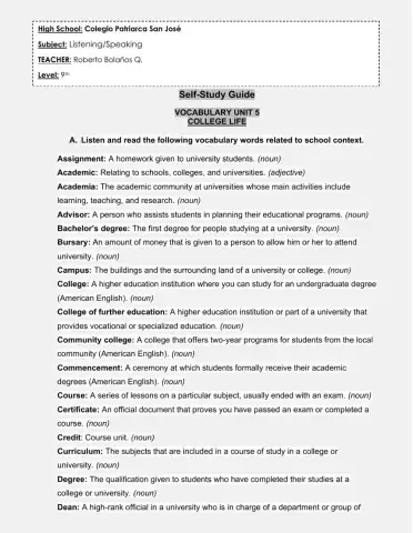 School life, vocabulary, concepts, college, university.