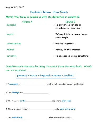 Vocabulary Review Worksheet Accomodations