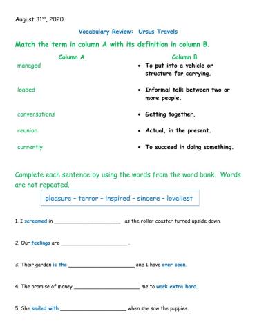 Vocabulary Review Worksheet Accomodations