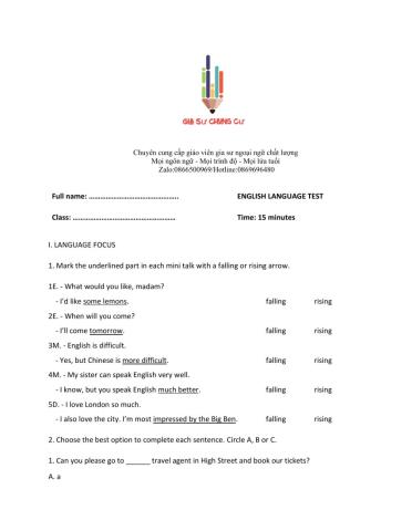 Lớp 9 - Unit 9 ENGLISH IN THE WORLD - LANGUAGE FOCUS