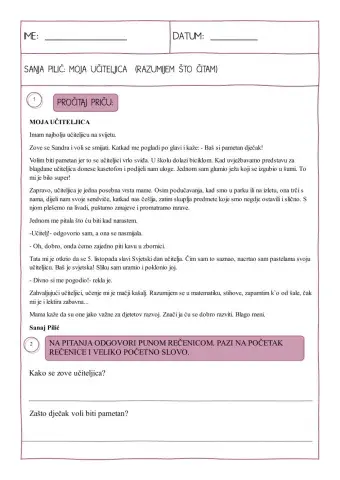 MOJA UČITELJICA- RAZUMIJEM PROČITANI TEKST