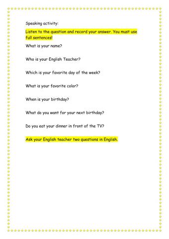 Speaking Activity - Answering Simple questions