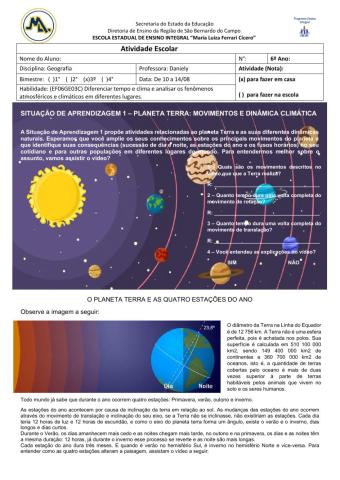 Situação de Aprendizagem 1 - PLANETA TERRA: MOVIMENTOS E DINÂMICA CLIMÁTICA