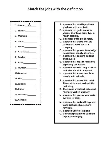 Professions and jobs matching worksheet