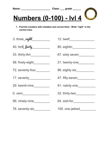 Numbers 0-100 - level 4