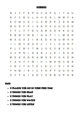 Hobbies wordsearch