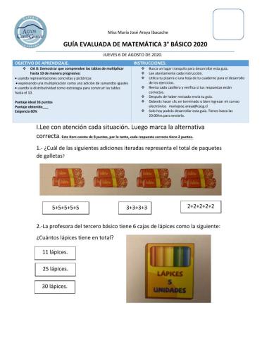 Guía de matemática: tablas de multiplicar utilizando la propiedad distributiva.