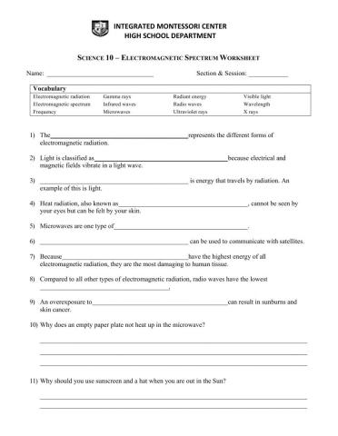EM Spectrum Worksheet
