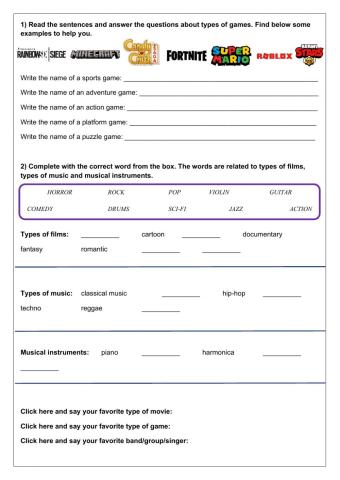 Types of games, types of films and musical instruments