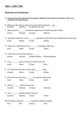 Year 7 Unit 7 Test Grammar and Vocabulary