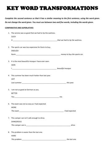 Key word transformations - comparatives and superlatives