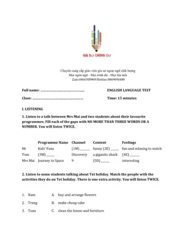 Lớp 6 - Unit 7 TELEVISION-LISTENING