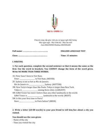 Lớp 6 - Unit 9 CITIES OF THE WORLD-WRITING