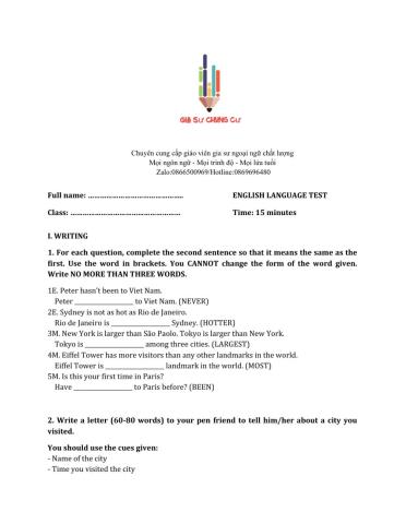 Lớp 6 - Unit 9 CITIES OF THE WORLD-WRITING