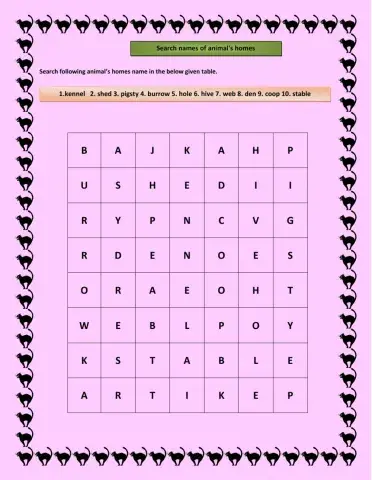 Crossword puzzle : search Animals homes