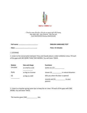 Lớp 6 - Unit 12 ROBOTS - LISTENING