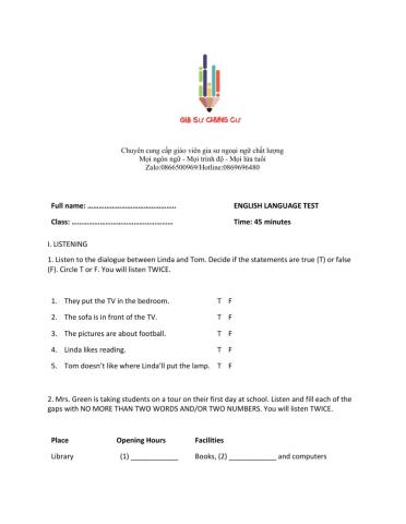 Lớp 6 - Kiểm tra 45 phút số 1 (Unit 1, 2)