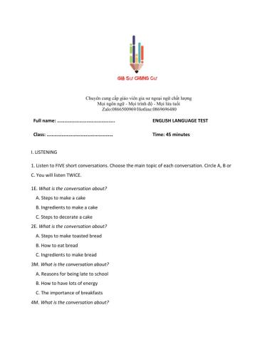 Lớp 9 - Kiểm tra 45 phút số 3 (Unit 7, 8, 9)