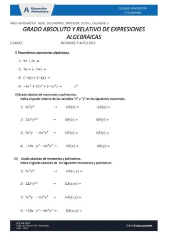 Grado absoluto y relativo de una expresión algebraica
