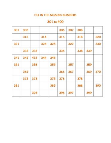 Fill in the Missing Numbers 301 to 400