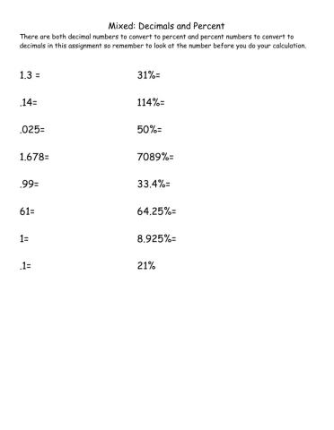 Mixed Converting Decimals and Percent