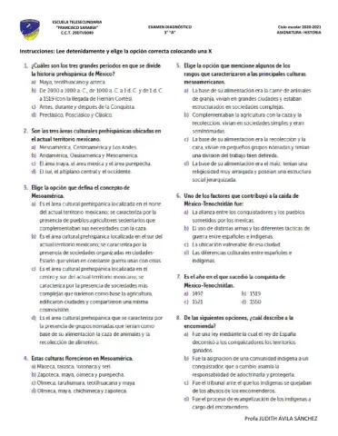 Evaluación diagnóstica Historia 3er grado