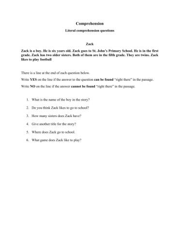 Literal Comprehension questions