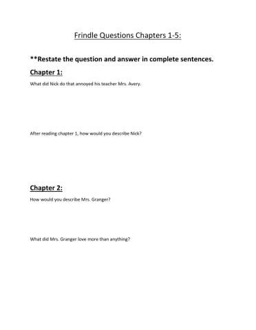 Frindle Questions chapters 1-5