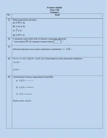 Evaluare inițială-clasaVIII-Varianta I