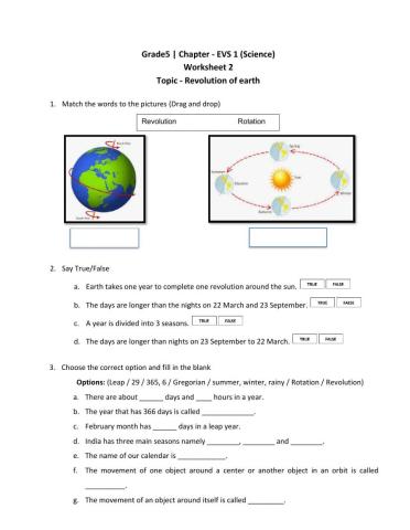 Grade 5: Worksheet 2 - Revolution of Earth