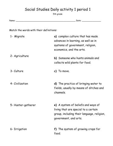 Social studies Daily activity 1 period 1 - Grade 5