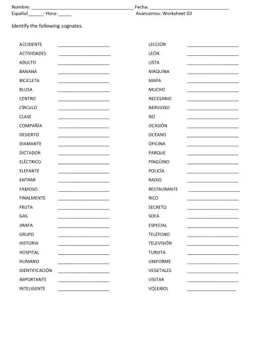 Cognates Worksheet 03