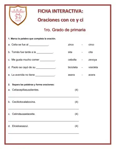 Lectura con las sílabas ce y ci