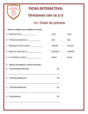 Lectura con las sílabas ce y ci