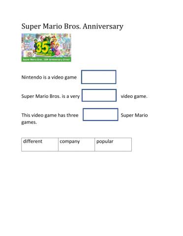 Super Mario anniversary cloze sentences