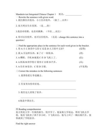 Mandarin 5 Lesson 1 test