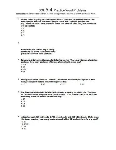 Word Problems SOL 5.4 Practice