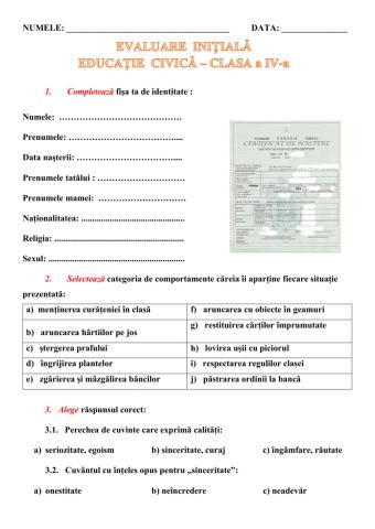 Evaluare initiala: educație civică - clasa 4
