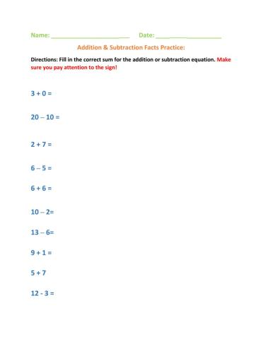 Addition Subtraction Practice