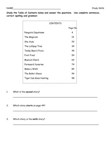 Table of Contents Worksheet