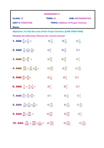 Addition of like fraction