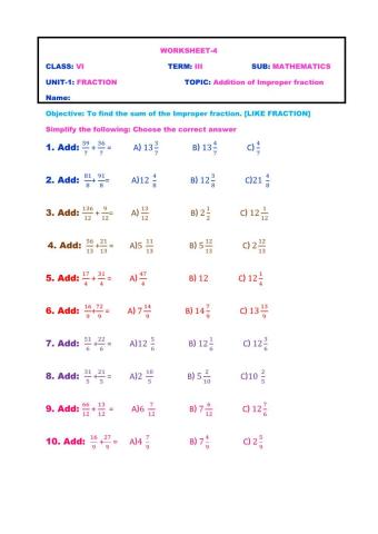 Addition of improper fraction