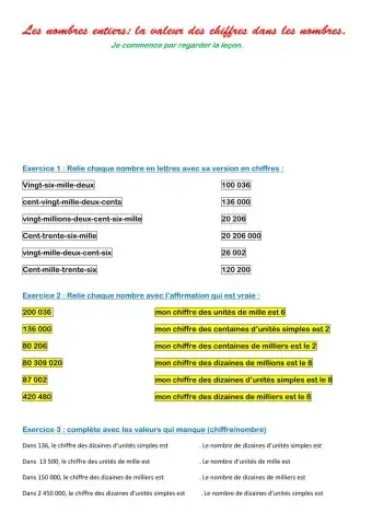 Les nombres entiers. la valeurs des chiffres dans les grands nombres