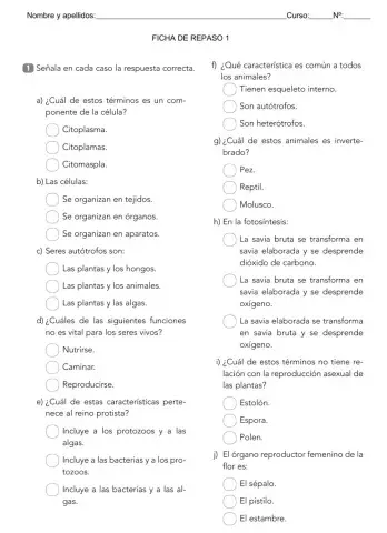 Ficha de repaso 1 de CCNN 5º