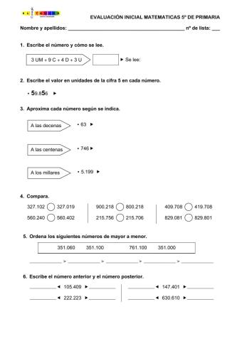 EVALUACION INCIAL 5º