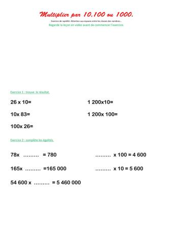 Maths multiplier un entier par 10, 100 ou 1 000