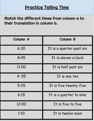 Telling Time Practice (Match)